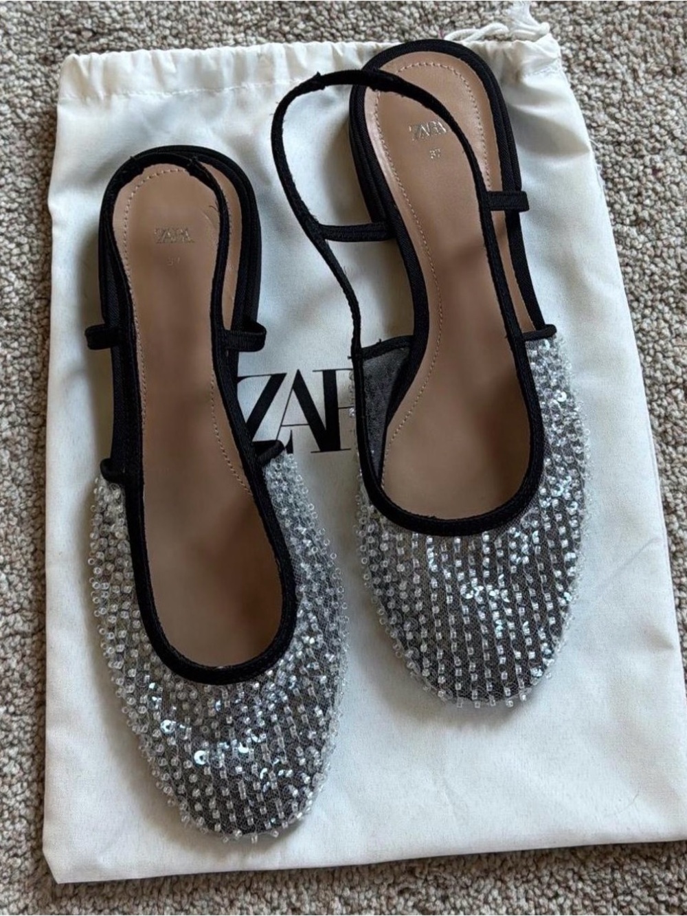 ZARA Silver Sequin Slingback Flats with Black Trim